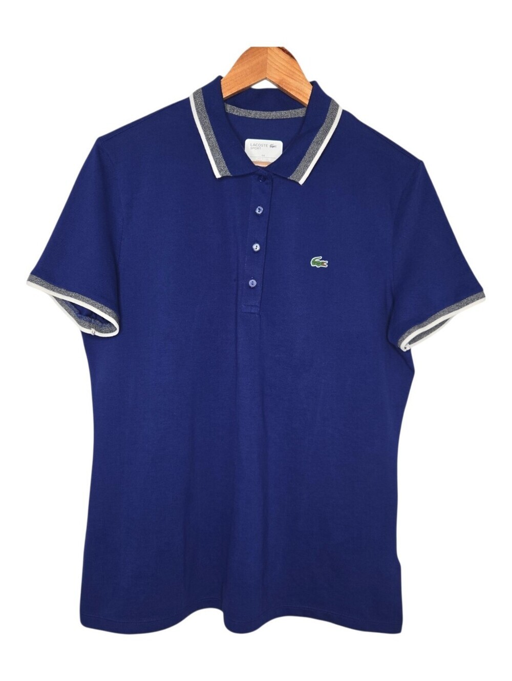 Lacoste Sport Womens Blue Stretch Mini Pique Polo Shirt Size 44 (US 12)